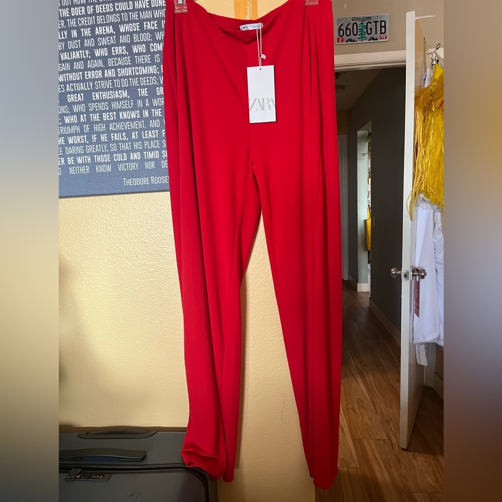 Zara NWT Red Polyester Straightleg Pants•Elastic Waistband